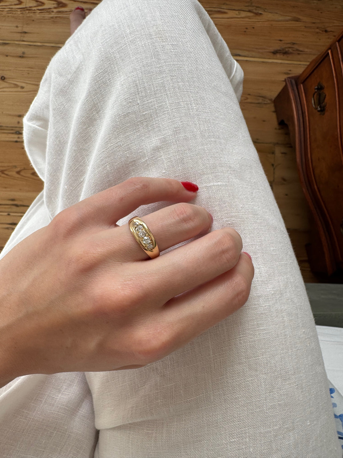 Romantic, Antique 18k Five-Stone Diamond Band Ring