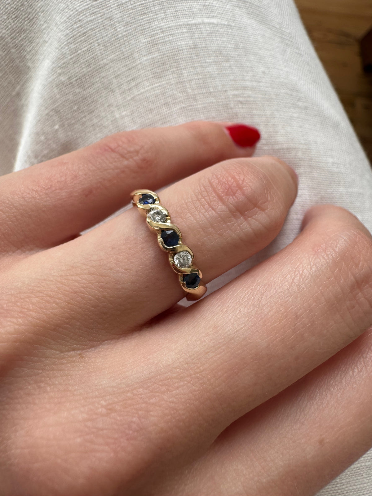 Swirly 9ct Gold Sapphire & Diamond Half Eternity Ring