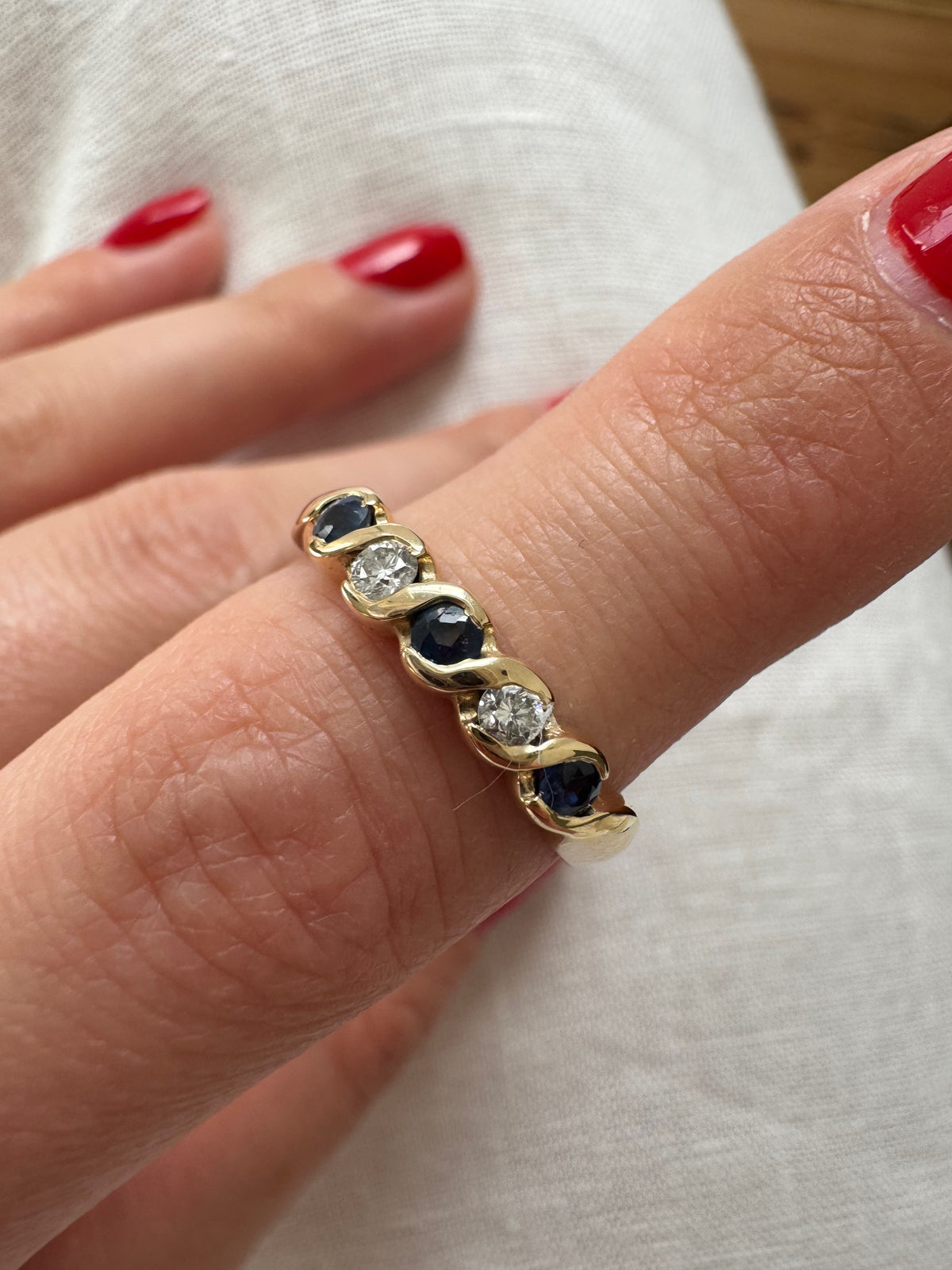 Swirly 9ct Gold Sapphire & Diamond Half Eternity Ring