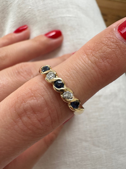 Swirly 9ct Gold Sapphire & Diamond Half Eternity Ring