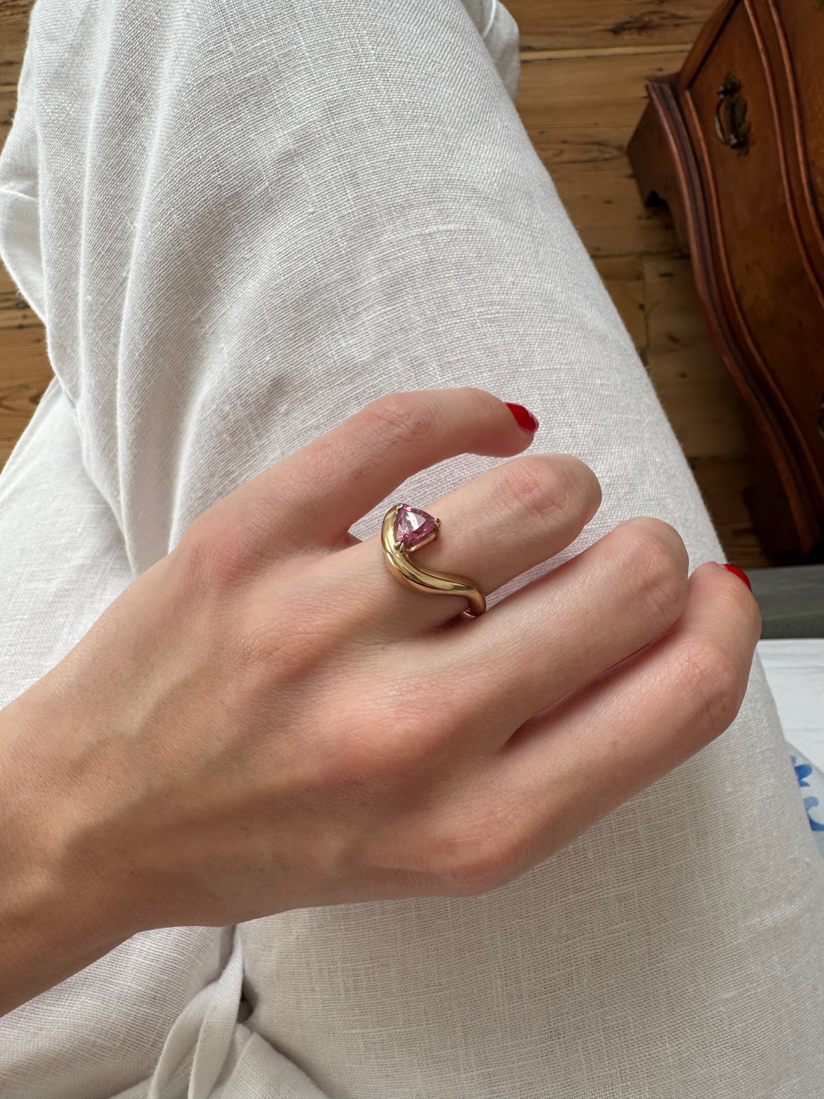 Chunky Gold Pink Tourmaline & Diamond Swirl Ring