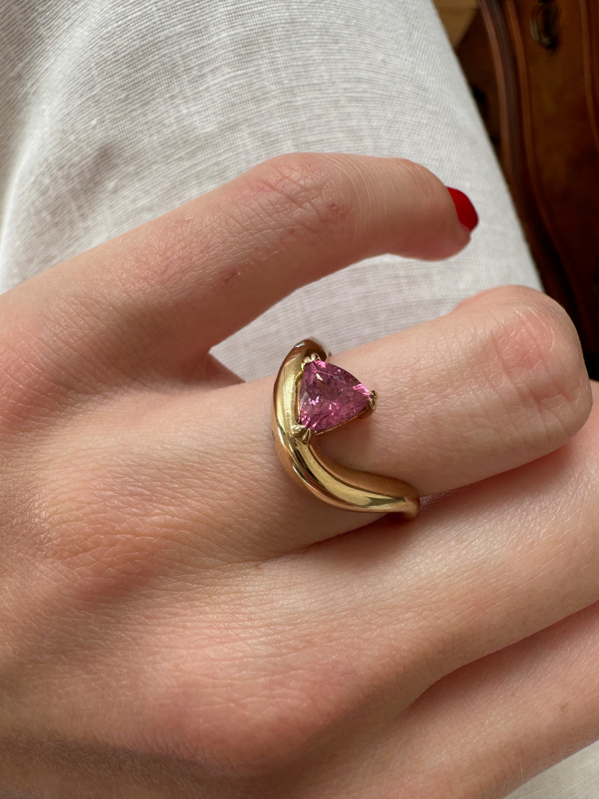 Chunky Gold Pink Tourmaline & Diamond Swirl Ring