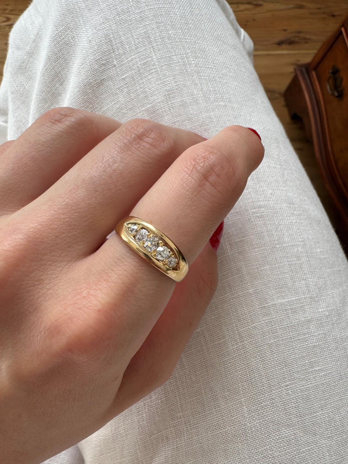 Romantic, Antique 18k Five-Stone Diamond Band Ring