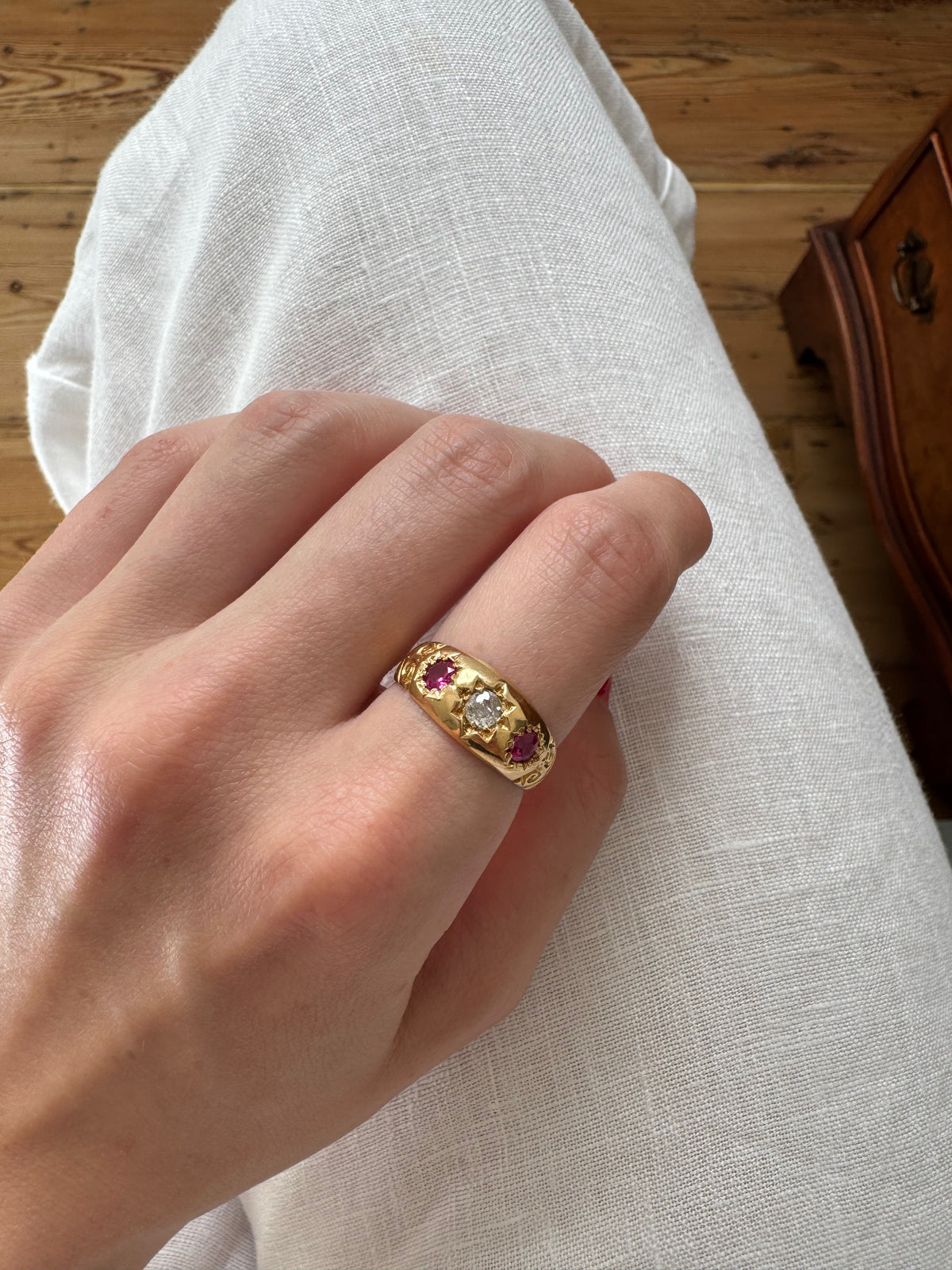 Antique 18ct Gold Diamond & Ruby Three Star Set Ring