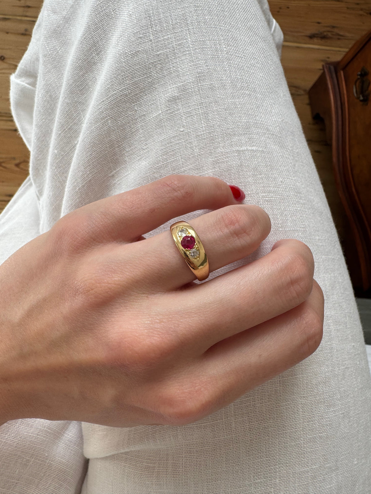 Antique Ruby & Diamond Three-Stone Band Ring