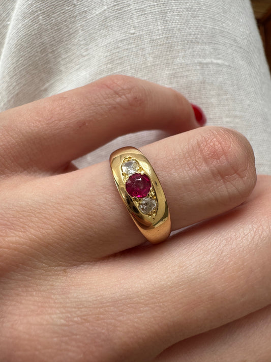 Antique Ruby & Diamond Three-Stone Band Ring
