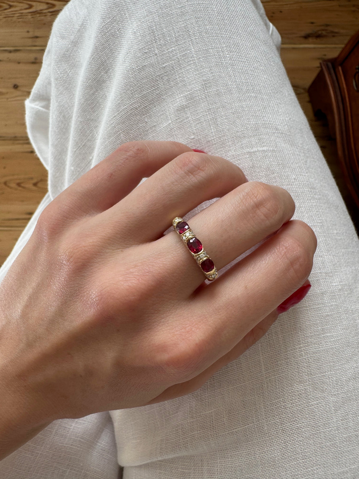 18ct Gold Ruby & Diamond Three-Stone Dress Ring