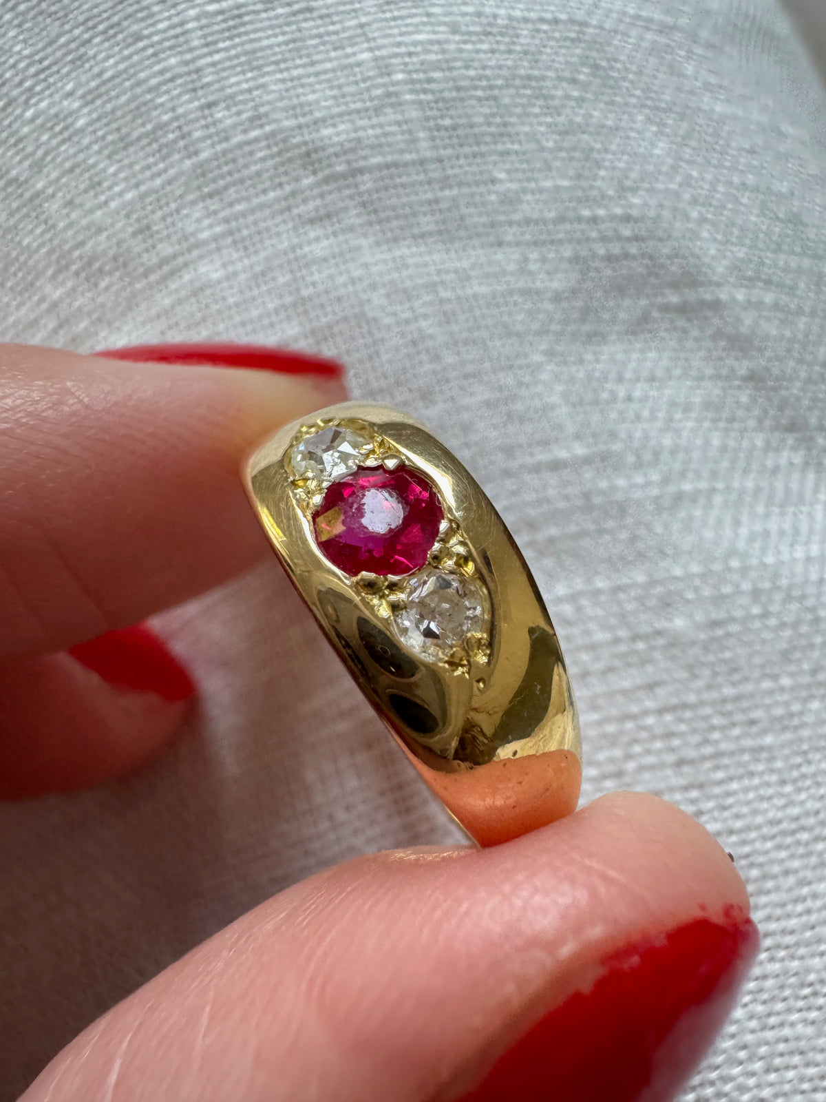 Antique Ruby & Diamond Three-Stone Band Ring
