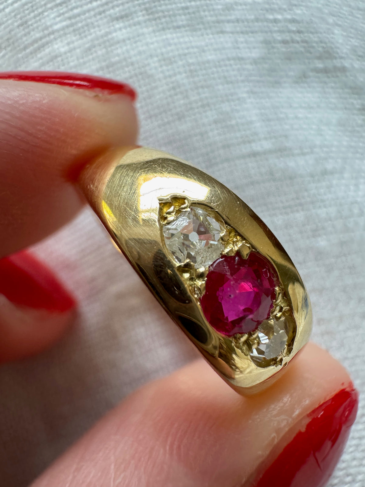 Antique Ruby & Diamond Three-Stone Band Ring