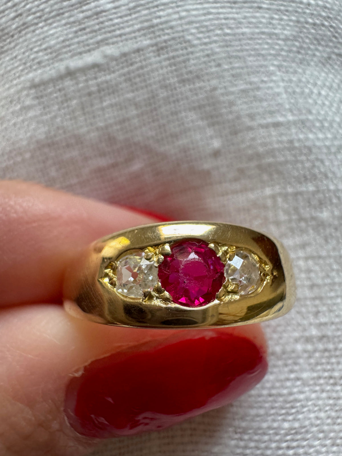 Antique Ruby & Diamond Three-Stone Band Ring