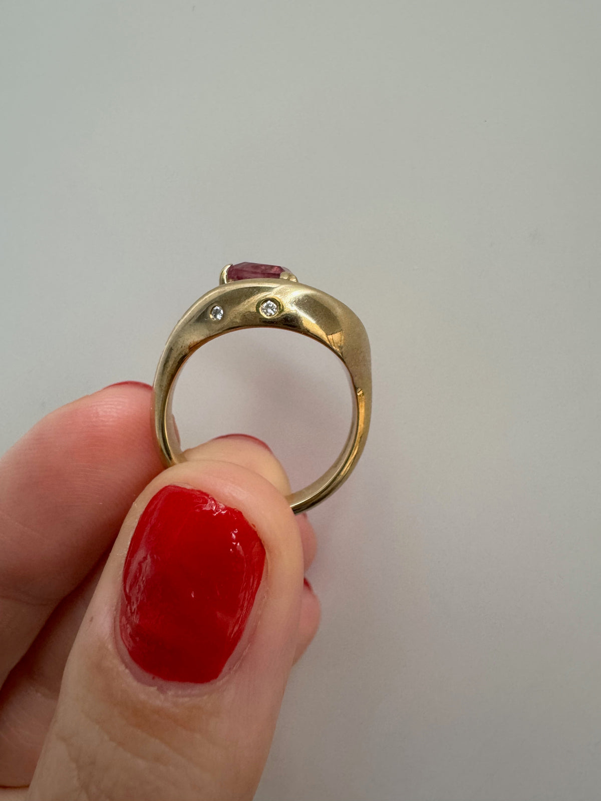 Chunky Gold Pink Tourmaline & Diamond Swirl Ring