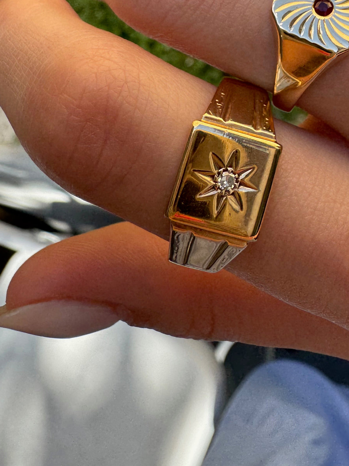 Vintage Gold Chunky Signet Ring with Star-Set Diamond