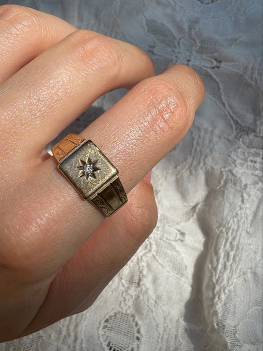 Vintage 9k Gold Star-Set Diamond Square Signet Ring