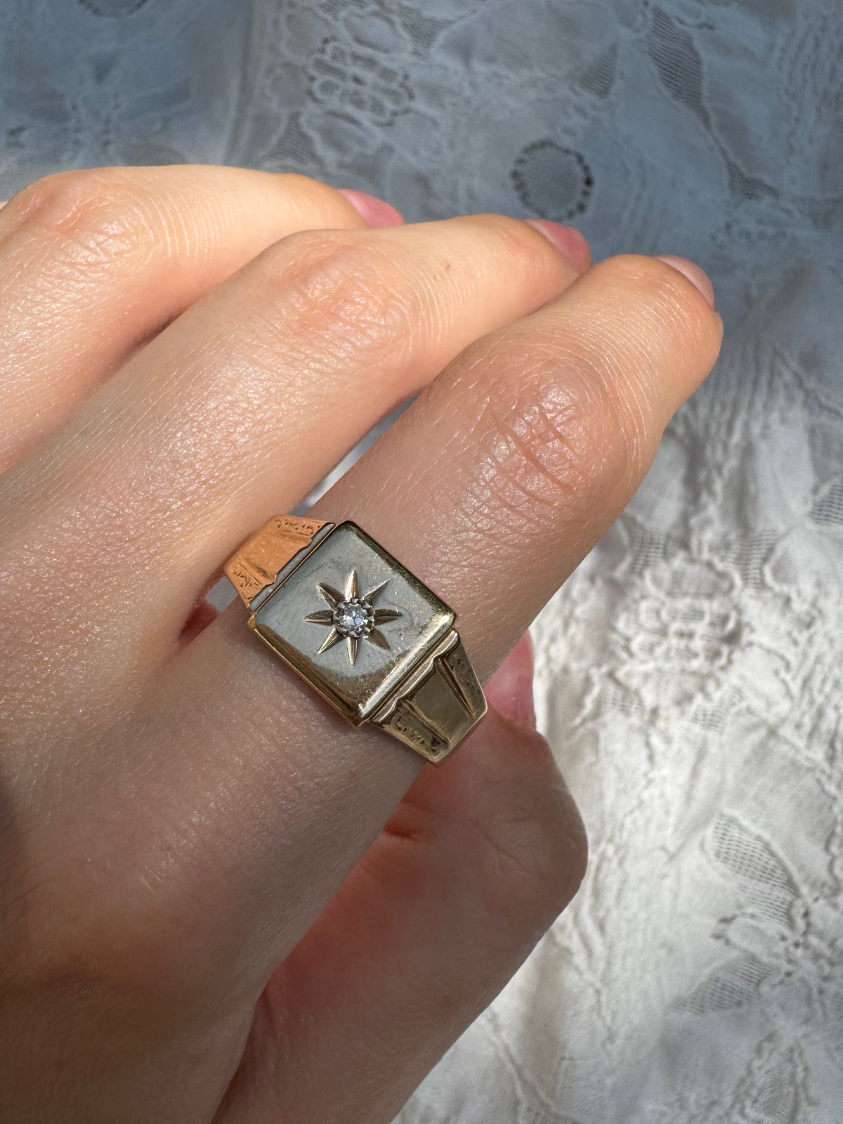 Vintage Gold Chunky Signet Ring with Star-Set Diamond