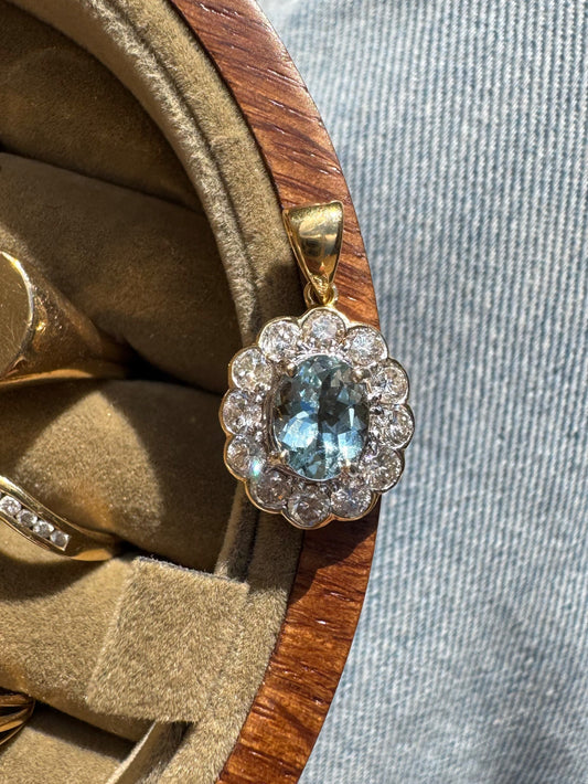 18k Gold Aquamarine Pendant with Diamond Halo